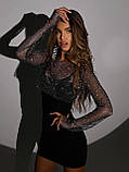 Жіноча вечірня чорна сукня міні з блискучим топом, фото 8