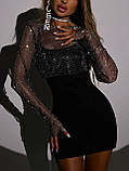 Жіноча вечірня чорна сукня міні з блискучим топом, фото 9