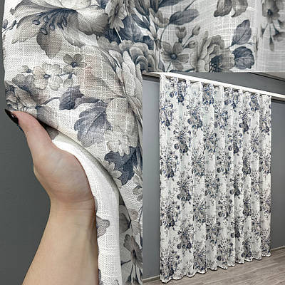 Тюль-штора льон з принтом. Колір білий з сіро-синім. Код 1864т