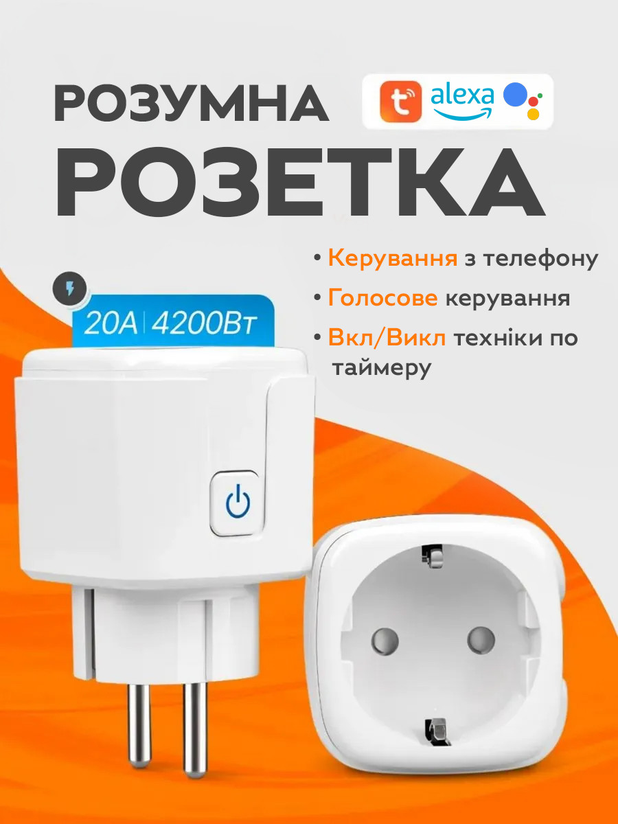 Розумна WiFi розетка 20А з лічильником електроенергії Tuya Smart 4400Вт White, Gp, фото 1