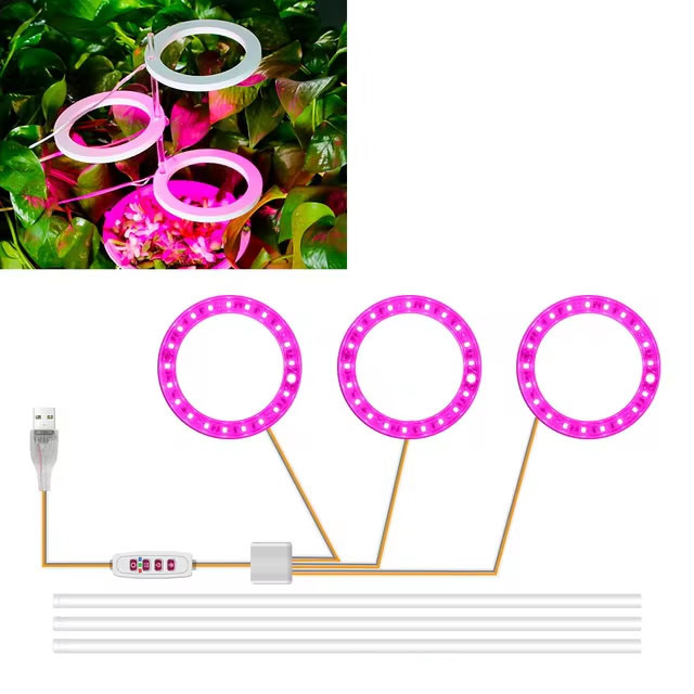 Світлодіодна фітолампа для кімнатних рослин з таймером 3 кільця 60 LED QRCP-01003, Gp, фото 1