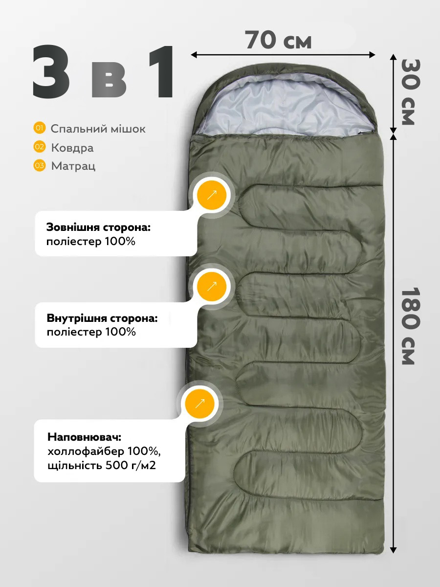 Спальний мішок зимовий (спальник) ковдра з капюшоном E-Tac W-170T Normal Green, Gp, фото 1