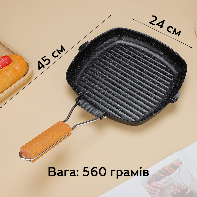 Сковорода-гриль з антипригарним покриттям і дерев'яною ручкою 24 см FLR-24, Gp, фото 1