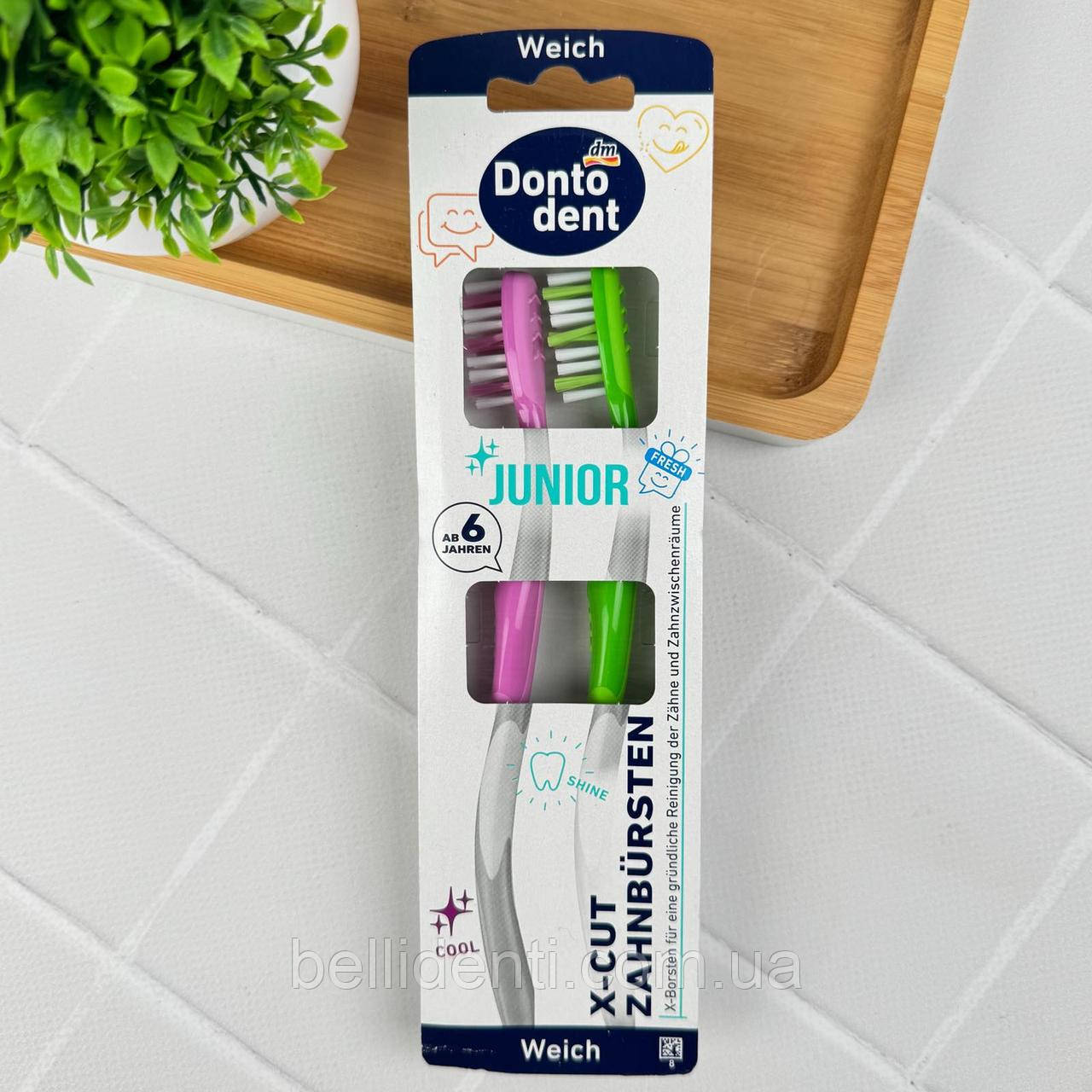 Зубна щітка Dontodent Junior X-Cut від 6 років, м'яка (рожева/салатова), 2 шт