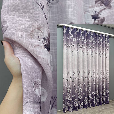 Тюль-штора льон з принтом. Колір фіолетовий з білим. Код 1877т