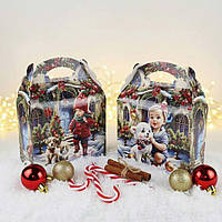 Святкова картонна коробка для подарунків і солодощів №210 "Деті з хатніми вихованцями" 800 г  новорічна упаковка для цукерок