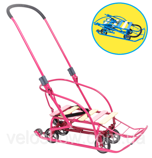 Санки на колесах (висувний механізм) трансформер "Санта" дитячі з батьківською складаною ручкою Україна Мрія, фото 1