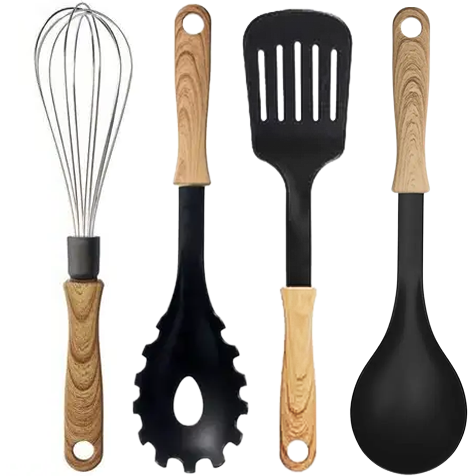 Набір кухонного приладдя Ernesto із ручками під дерево (вінчик + лопатка + ложка для спагеті + ополоник), фото 1