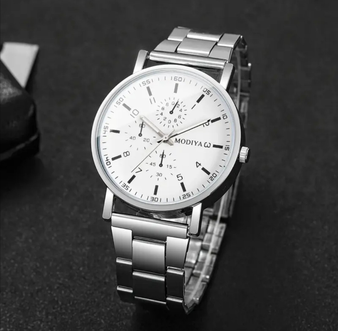 Чоловічий кварцовий годинник Modiya з білим циферблатом і сріблястим металевим ремінцем, фото 1