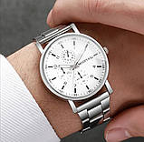 Чоловічий кварцовий годинник Modiya з білим циферблатом і сріблястим металевим ремінцем, фото 4