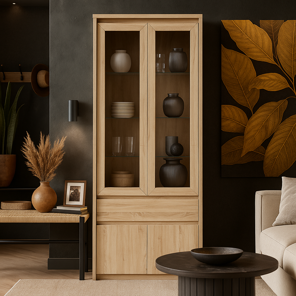 Стильна шафа вітрина скляна 90 см для посуду з шухлядою в сучасному стилі у вітальню зал ЛДСП Norton VMV Holding дуб сонома