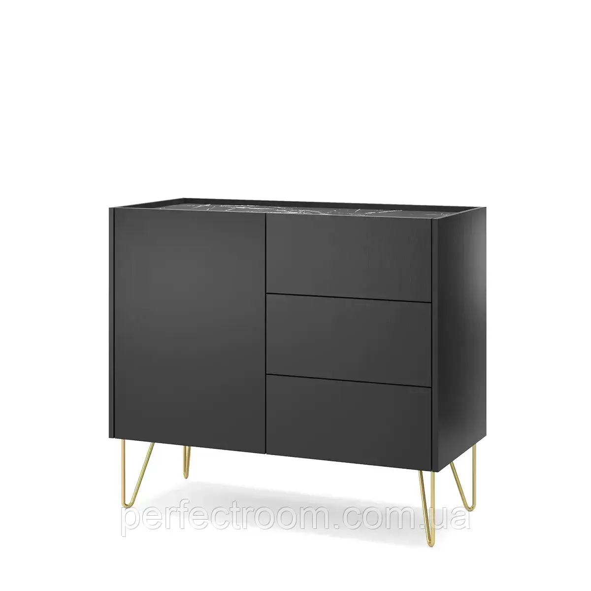 Комод однодверний з шухлядами на ніжках у вітальню Harmony KSZ97 Чорний Графіт/ Мрамур чорний, фото 1
