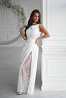 Жіноче вечірнє плаття максі з драпіруванням на талії й мереживною вставкою на нозі