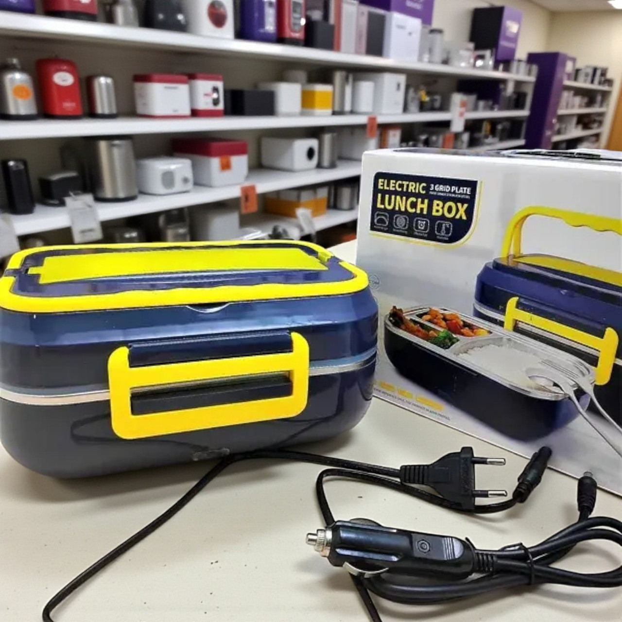 Автомобільний Ланч-бокс з ложкою та виделкою на 12В / 220 В від прикурювача та мережі металічний якісний ємність 1.5 L, фото 1