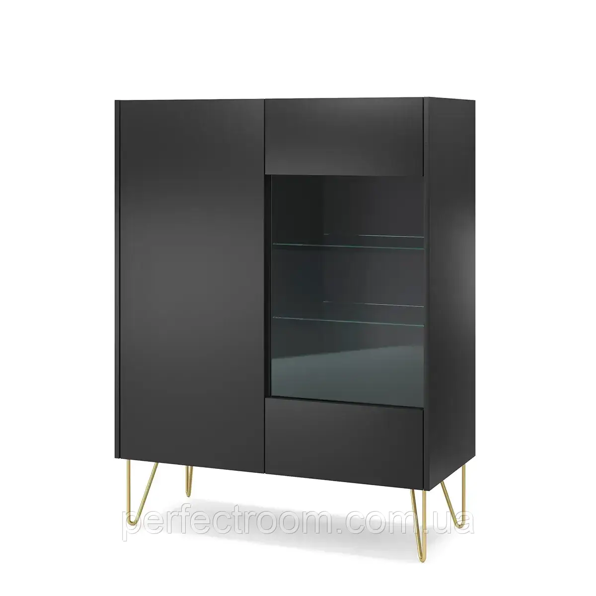 Шафа-Вітрина дводверна скляна у вітальню низька Harmony WT97 Чорний Графіт/ Мрамур чорний