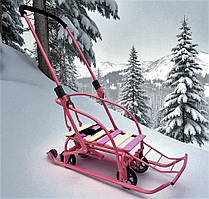 Санки-трансформер (складаний механізм) на колесах "Санта" з батьківською складаною ручкою і спинкою дитячі Україна рожеві