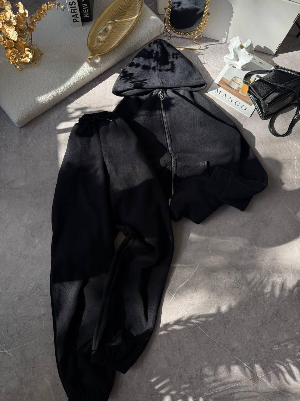 Жіночий базовий теплий осінній костюм двойка кофта худі на блискавці штани на манжеті двосторонній фліс полар, фото 1