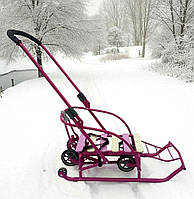 Санки-трансформер (складаний механізм) на колесах "Санта з батьківською складаною ручкою і спинкою дитячі Україна феолетові фуксія