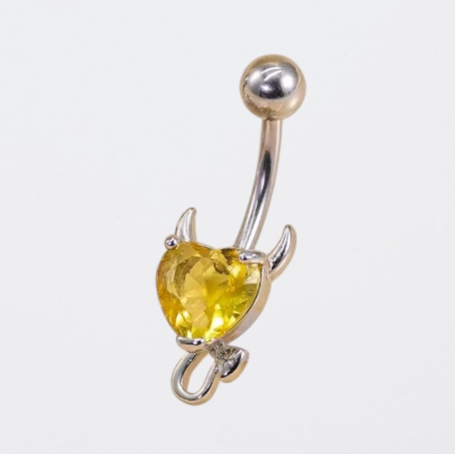 Срібляста сережка для пірсингу пупка Чертенок Liresmina Jewelry нержавіюча сталь з жовтим синтетичним цирконом 2.8 см AurumLux423, фото 1