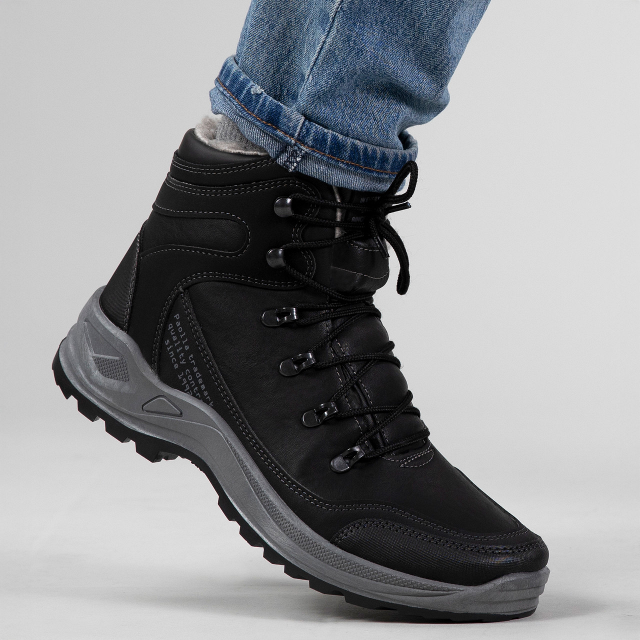 Шкіряні чоловічі черевики високі з хутром (361 чорні)