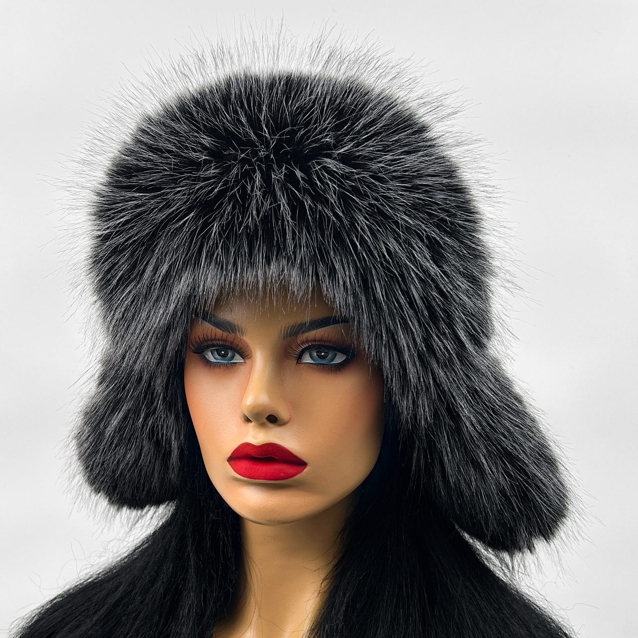 Ушанка з екохутра норки та чорнобурки (Чорна)