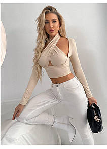 Топ корсетний з мягкими бретелями-чашечками на шиї з довгим рукавом бежевий S