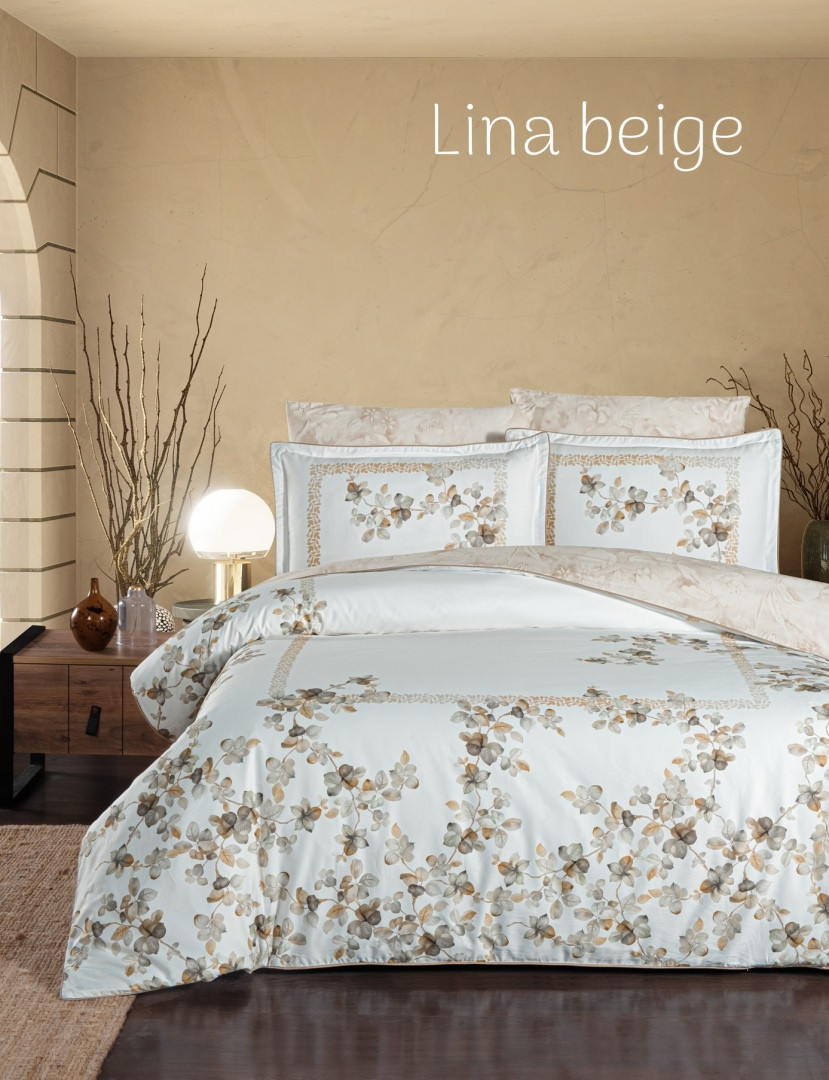 Постільна білизна сатинова La Romano Premium 300 TC євро розмір Lina beige, фото 1