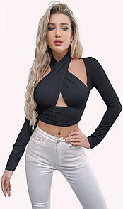 Топ корсетний з мягкими бретелями-чашечками на шиї з довгим рукавом чорний S