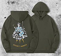 Мужской зимний худи Sunset Goons Сансет Гунс хакі з принтом блакитні тату фліс новий брендовый