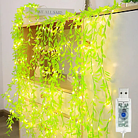 Гірлянда штора Листя плакучів верби від USB 3х2м, Теплий білий / Світлодіодна гірлянда з листям