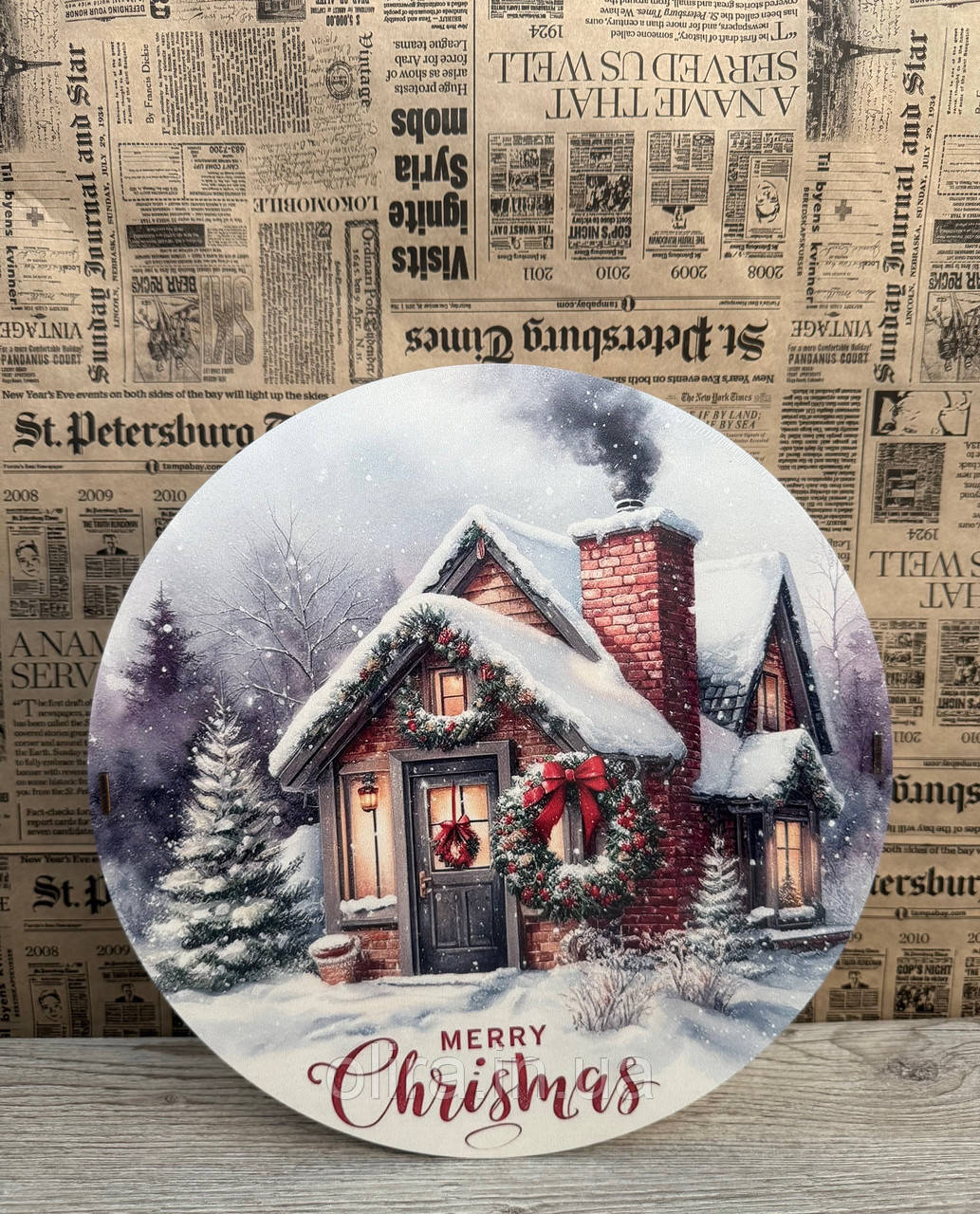 Подарунковий бокс з кришкою круглий великий Новорічний, фото 1