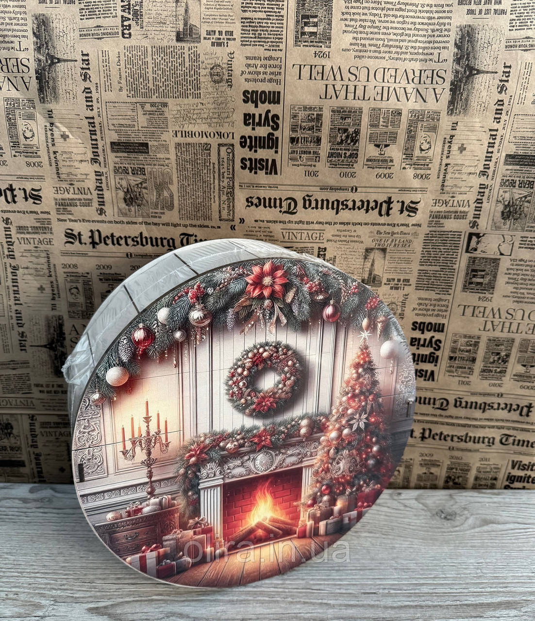 Подарунковий бокс з кришкою круглий великий Новорічний, фото 1