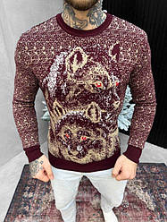 Новорічний светр в'язаний wolf bordo ВТ4649