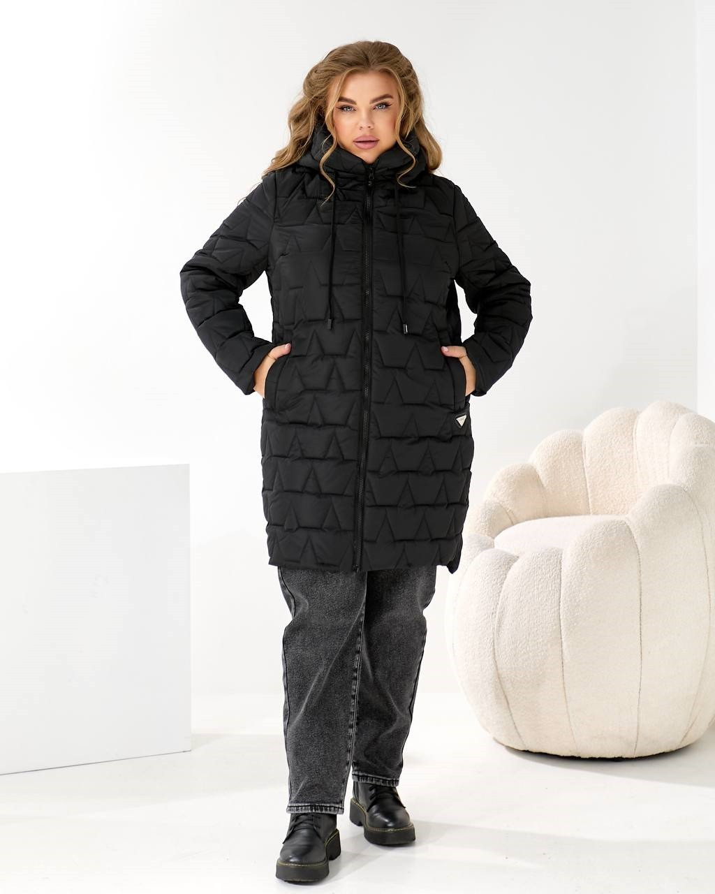 Жіноча стьобана утеплена куртка з плащової тканини розміри 50,52,54,56,58,60 чорна, фото 1