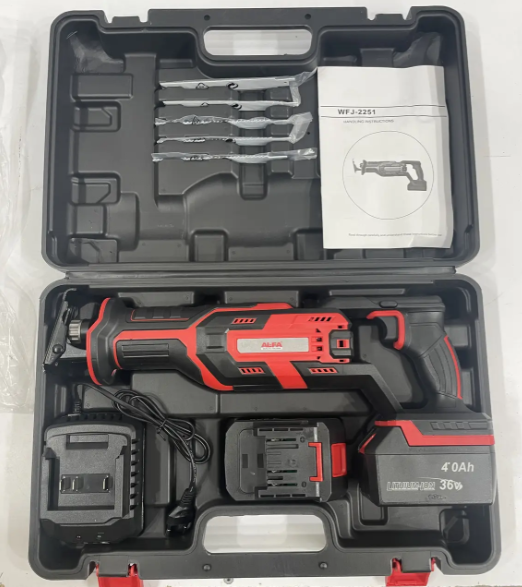 Акумуляторна шабельна пила AL-FA ALCRC36V 36В 4Ah безщіткова електроножівка з пилками кейсом і зарядним пристроєм