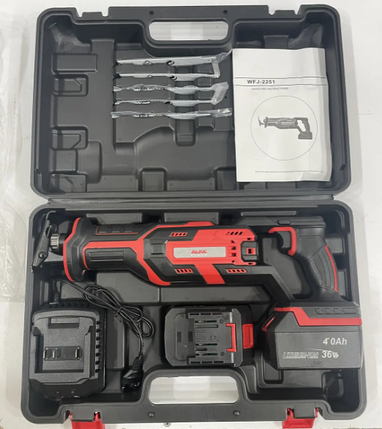 Акумуляторна шабельна пила AL-FA ALCRC36V 36В 4Ah безщіткова електроножівка з пилками кейсом і зарядним пристроєм, фото 1