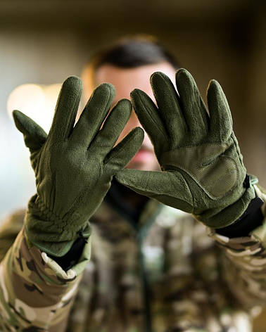 Утеплені зимові флісові рукавички з хутром олива ПП8211, фото 1