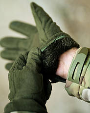 Утеплені зимові флісові рукавички з хутром олива ПП8211, фото 5