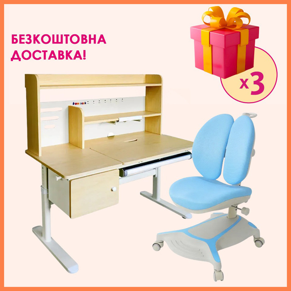 Комплект парта стіл з надбудовою Cubby Toru Grey + дитяче ортопедичне крісло Cubby Bunias Blue для школяра