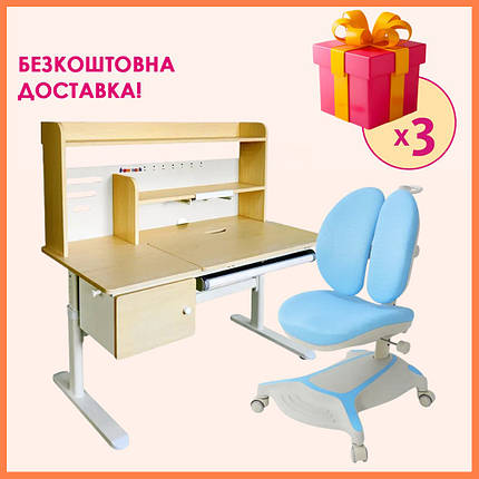 Комплект парта стіл з надбудовою Cubby Toru Grey + дитяче ортопедичне крісло Cubby Bunias Blue для школяра, фото 1