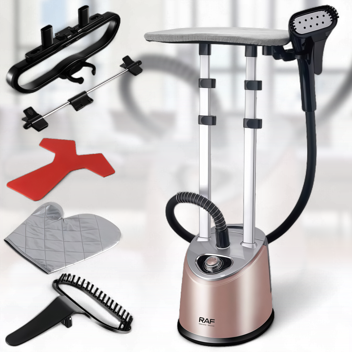 Вертикальний відпарювач з прасувальною дошкою та телескопічною стійкою RAF R.3048G 2000Вт Бежевий, фото 1