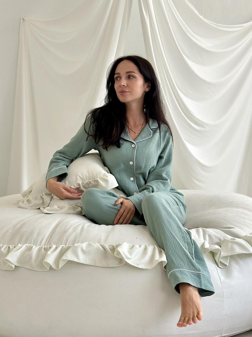 Жіноча муслінова піжама штани+сорочка довгий рукав VIVA, евкаліпт, фото 1