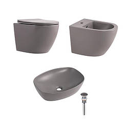Qtap Комплект Robin Stone grey 3 в 1: підвісний унітаз Ultra Quiet + біде підвісне + раковина накладна QTROBSG49158