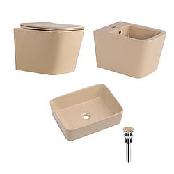 Qtap Комплект Tern Beige 3 в 1: підвісний унітаз Ultra Quiet + біде підвісне + раковина накладна QTTERSB49163