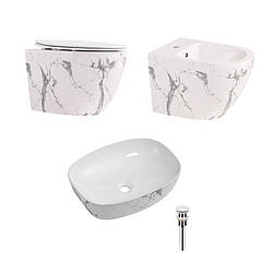 Qtap Комплект Robin Marble 3 в 1: підвісний унітаз Ultra Quiet + біде підвісне + раковина накладна QTROBMR49160
