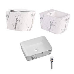 Qtap Комплект Tern Marble 3 в 1: підвісний унітаз Ultra Quiet + біде підвісне + раковина накладна QTTERMR49164