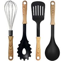 Набір кухонного приладдя Ernesto з ручками під дерево (вінчик + лопатка + ложка для спагеті + ополоник)