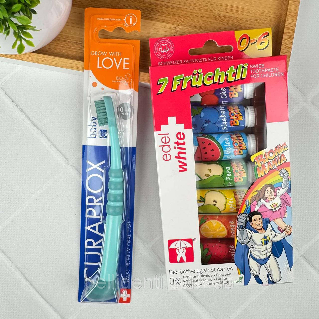 Набір Edel+White Curaprox Baby Curakid від 0 до 4 років (пасти 65,8 мл+зубна щітка бірюзова)