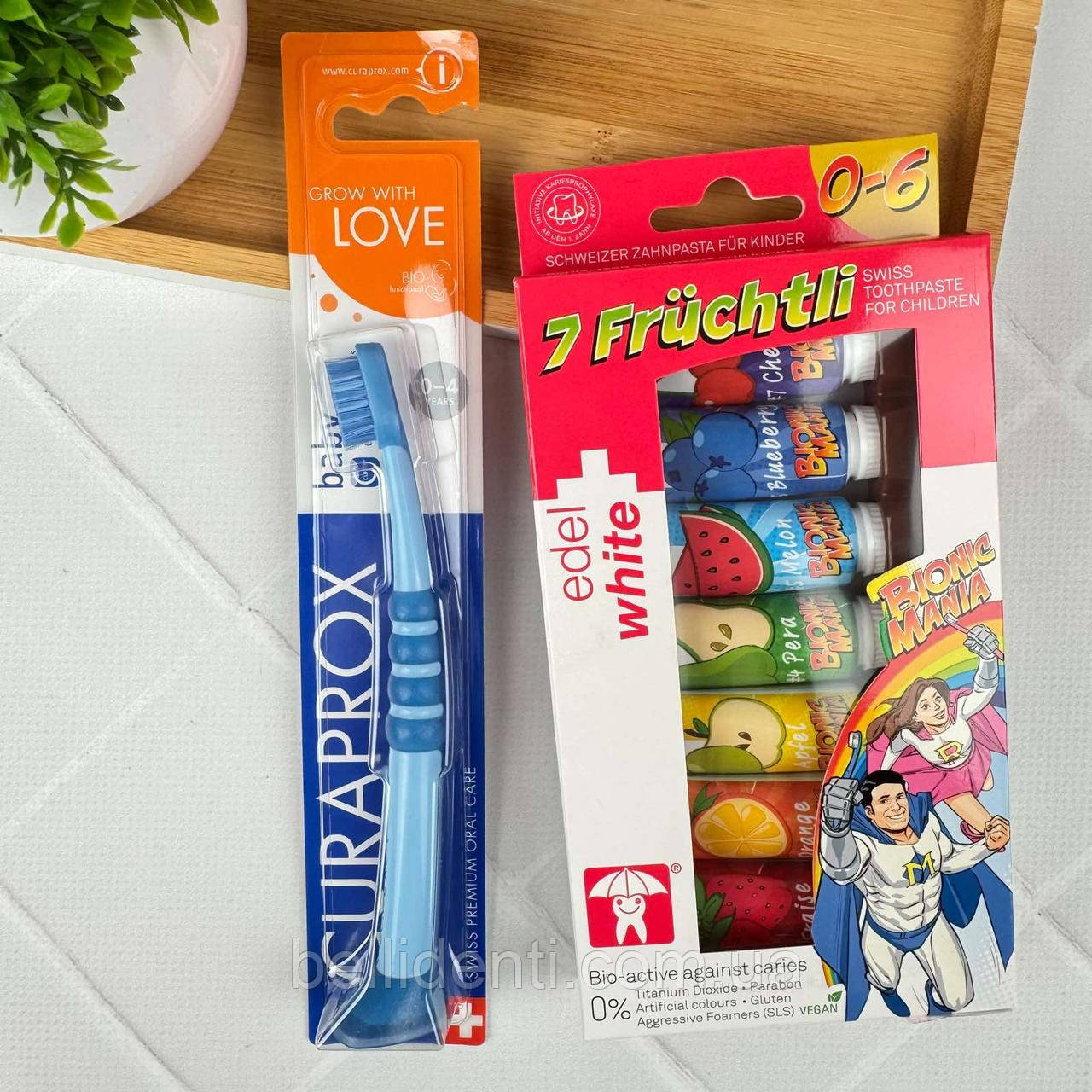 Набір Edel+White Curaprox Baby Curakid від 0 до 4 років (пасти 65,8 мл+зубна щітка блакитна)