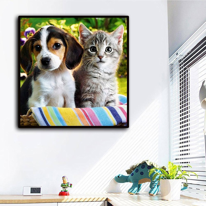 Алмазна мозаїка "Кошеня та цуценя", картина стразами з рамкою, 30*40 см у коробочці